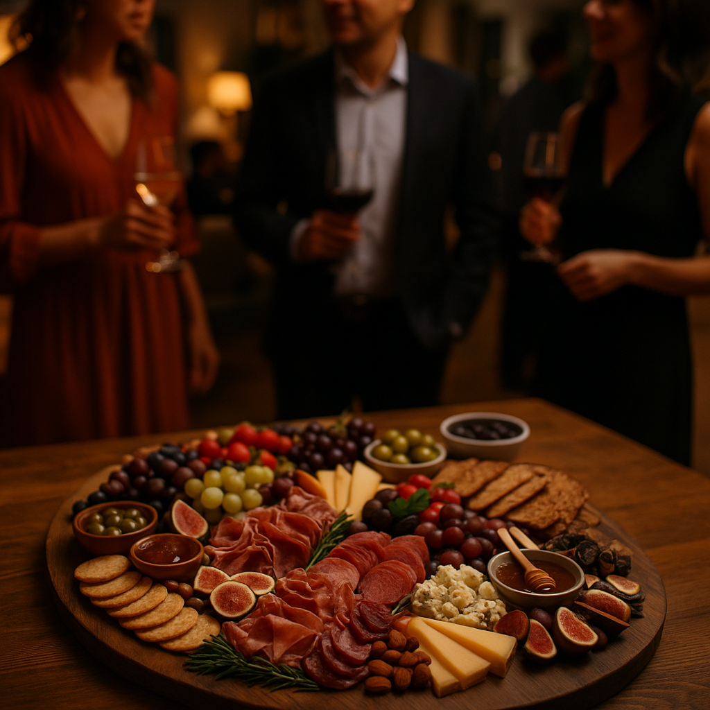 A large, gourmet charcuterie and grazing board at a sophisticated in-home cocktail party with guests enjoying wine in the background.