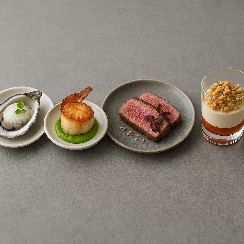 A private chef's elegant tasting menu of four gourmet courses arranged in a line: an oyster, a seared scallop, sliced rare beef, and a dessert parfait.
