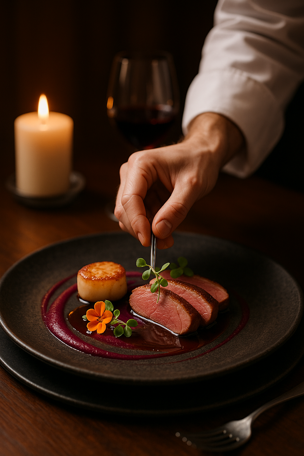 A private chef carefully places a garnish on a gourmet dish of sliced duck breast and a seared scallop for an in-home dining experience.